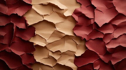 Poster - Close-up of torn paper sheets in shades of beige and red with rough textured appearance and layered design