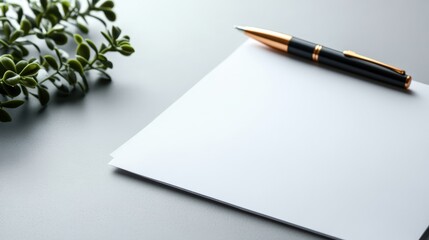 Poster - Empty white sheet of paper with a black and gold pen on a grey surface with greenery in the corner