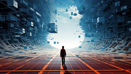 Fototapete - A figure stands at the convergence of chaos and order in a cybernetic landscape filled with floating data cubes and neon grid patterns, exploring a futuristic realm at twilight