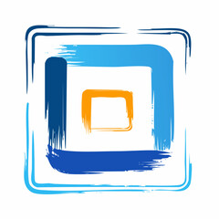 Poster - Abstract graphic design featuring overlapping square shapes in shades of blue and orange with a brushstroke effect on a white background.