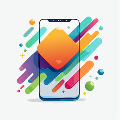 Poster - A vibrant and colorful illustration depicting a modern smartphone with abstract geometric shapes and dynamic flowing lines on a clean white background
