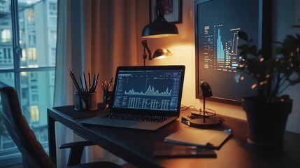 Poster - Data analysis setup home office digital workspace evening ambiance focused view technology insights