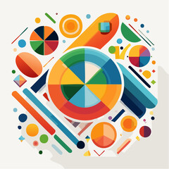 Poster - Colorful abstract illustration featuring geometric shapes and pie charts arranged in a dynamic and visually appealing composition on a white background.