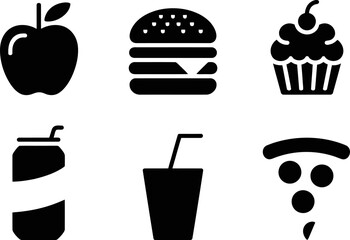 Poster - Food icons vector illustration set apple burger cupcake soda drink pizza black silhouette isolated design 100 editable stock vector illustration