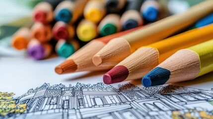 Poster - Artistic exploration of colorful pencils on detailed architectural coloring page indoor studio setting close-up perspective