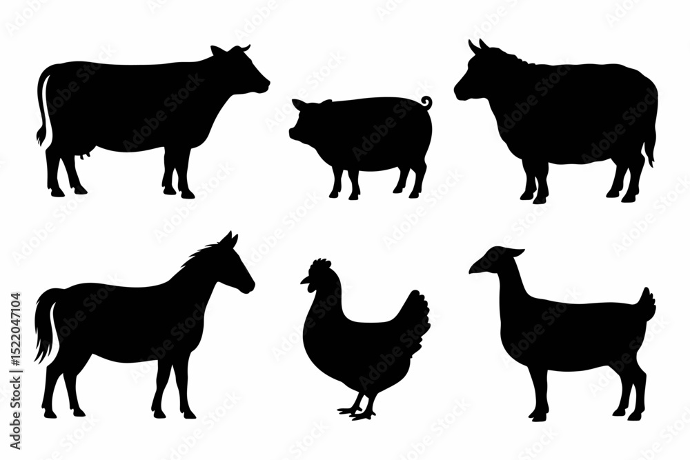 Farm animal silhouettes vector illustration livestock animals cow pig ...