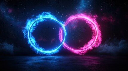 Poster - Vibrant neon glowing s with colorful mist and cosmic background creating futuristic digital art