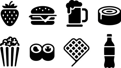Poster - Food icons vector set burger sushi waffle beer popcorn strawberry bottle design graphic illustration 100 editable stock vector illustration