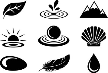 Poster - Nature elements vector icon set leaf water drop mountain sun stone feather shell graphic design 100 editable stock vector illustration