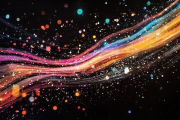 Poster - Vibrant neon trails weave through bright spots on a dark backdrop creating mesmerizing patterns, neon trails over light spots on black background