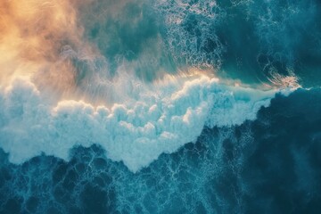 Aufkleber - Flying above incoming waves at sunset over the ocean near the shoreline, Flying above incoming waves over sunset ocean near tropical Paradise island