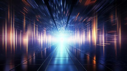 Fototapete - High-speed data transmission visualized in a one-point perspective, showcasing a futuristic corridor filled with vibrant light and dynamic patterns, evoking a sense of rapid movement and technology