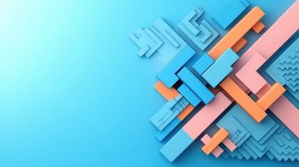 Poster - Abstract geometric art with layered blocks in blue orange and pink colors with a modern design and 3D effect