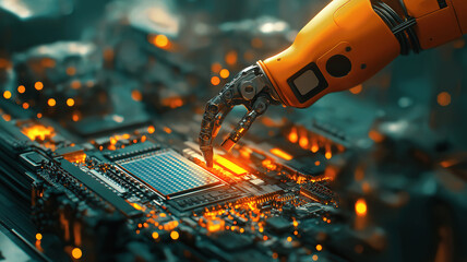 Poster - Highlighting industrial robot arm picking microchip during manufacturing process with precision