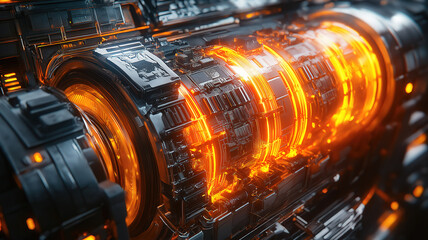 Poster - Technological marvel of the future with intricate circuits glowing orange highlighting advanced manufacturing