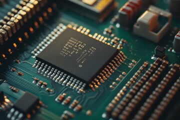 Aufkleber - closeup view of electronic circuit board featuring intricate microchip components and connectors, cl