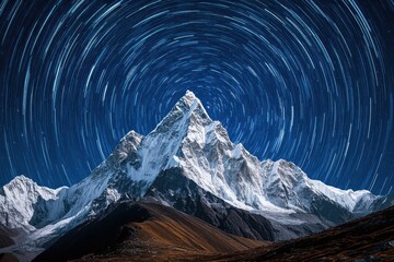 Poster - Timelapse captures starry night above majestic mountain peaks, Time-lapse of dark blue starry night on the top of the mountain