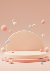 Poster - Pastel Podium with Floating Confetti - Minimalist product display, pastel colors, rounded shapes, floating elements, clean background. Symbolizing: elegance, simplicity, modern, serenity, presentation
