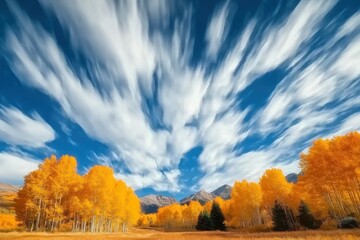 Poster - Timelapse of dynamic clouds shifting above vibrant autumn trees in a tranquil landscape, Time-lapse of clouds flowing in the blue sky