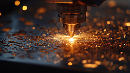 Poster - Advanced CNC laser cutting machine creating intricate designs with sparks in modern manufacturing