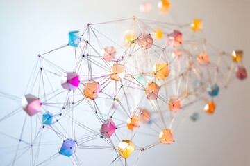 Poster - Network of colorful connections amid dynamic geometric shapes in a vibrant abstract design, network of connections over moving shapes