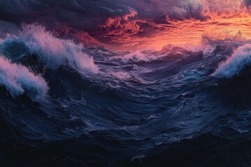 Poster - Incoming ocean waves at sunset with dramatic sky colors over the water, incoming ocean waves in sunset ocean