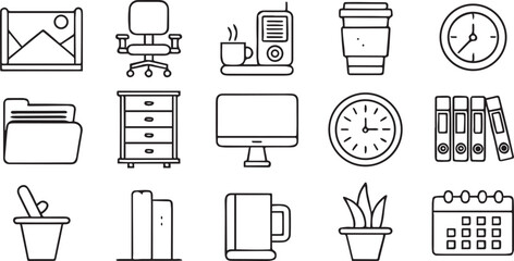Poster - Office Related Icons in Simple Black Line Style