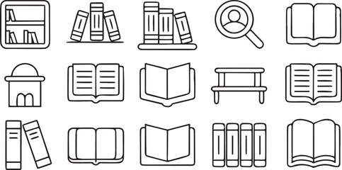 Fototapete - Library and Reading Icons in Clean Stroke Line Style for Educational Use