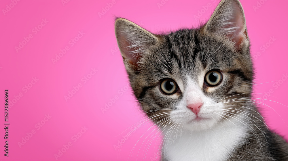Cute cat with white and gray fur sitting against pastel pink background, looking curious and calm, with empty space for text on side