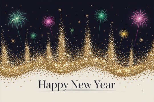 A glamorous New Year s Eve greeting card featuring a cascade of shimmering gold and silver glitter forming a celebratory backdrop, with a high angle perspective showcasing the sparkling texture
