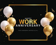 © AmazeinDesign - Happy work anniversary elegant clipart template. Company greeting text with gold and white balloons elements for hard work party celebration elegant background vector illustration.