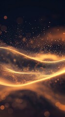 Poster - Abstract Golden Particle Wave with Bokeh Lights on Dark Background Creates Depth
