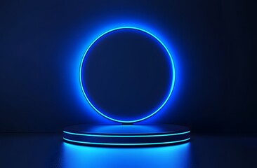 Poster - Abstract futuristic blue technology background with glowing circular podium and hologram elements for product presentation in a virtual space, a digital concept of a future cyber tech design stage 