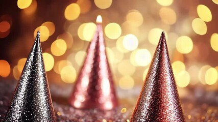 Poster - Festive party hats adorned with glitter create a warm ambiance for a celebration, Festive party hats with glitter in warm lighting