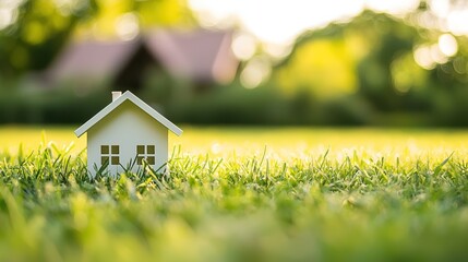 a white and brown dog sitting on a green grassy lawn with a blurred background of trees and a house.
