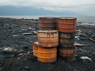 ocean pollution and marine debris with eco disaster. abandoned beach littered with oil drums, plasti