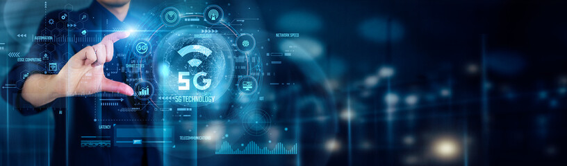 Poster - Businessman touching 5G TECHNOLOGY icons enables faster connectivity, enhances smart devices, supports IoT growth, improves network reliability, drives innovation in communication systems worldwide.