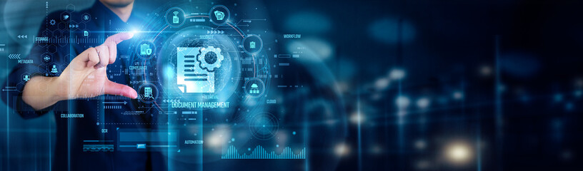 Poster - Businessman touching DOCUMENT MANAGEMENT icons streamlines workflow, ensures secure storage, enables easy retrieval, improves collaboration, and enhances overall business efficiency and productivity.