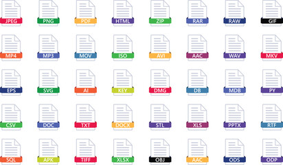 Poster - Various file type icons on documents with colorful ribbons for digital data representation