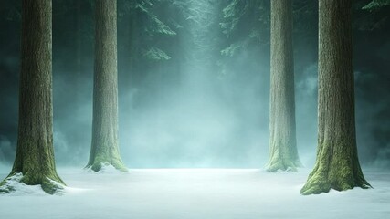 Poster - Mystic Forest Path: The evocative atmospheric landscape portrays a serene forest scene, sunlight gently filters through a frosted expanse, creating an atmosphere of peace and contemplation.