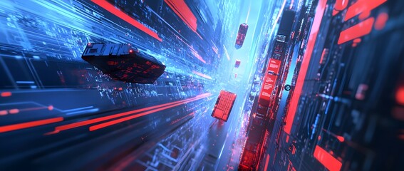 Fototapete - Digital technology concept with blue and red light streaks on the background of an abstract futuristic scene featuring cargo ships, cyberspace graphics,