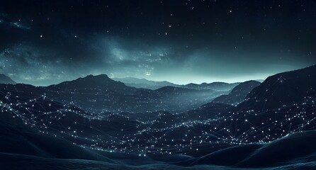 Poster - Abstract blue digital line and dot landscape background with a big data connection technology concept. Abstract polygonal wireframe mountain horizon, dark night sky,
