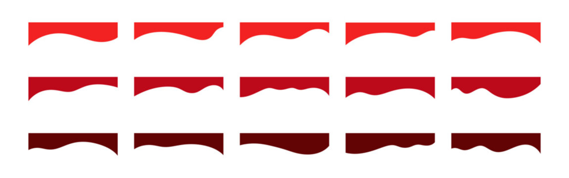 A set of different red wavy top dividers for a banner, poster, web page, vector, flat design. A graphic element for the title, text, and decoration. Abstract horizontal shapes dividing the background