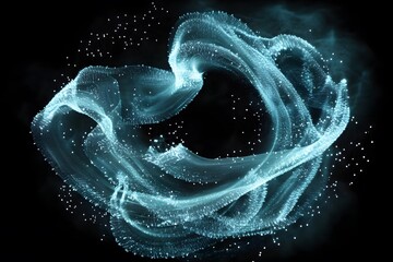 Poster - 3D render of swirling data streams on a black background, with glowing white dots and a color theme of dark blue and light cyan. 