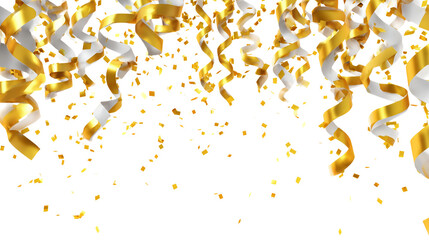 Poster - Golden and white confetti and ribbons falling against a black background for a festive celebration on transparent background