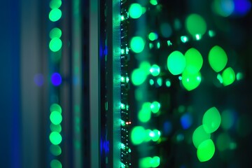 Poster - A close-up of many computer servers with green and blue lights in the background