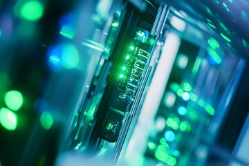 Poster - A close-up of many computer servers with green and blue lights in the background