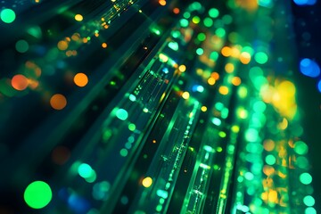 Poster - A close-up of many computer servers with green and blue lights in the background