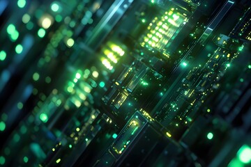 Poster - A close-up of many computer servers with green and blue lights in the background