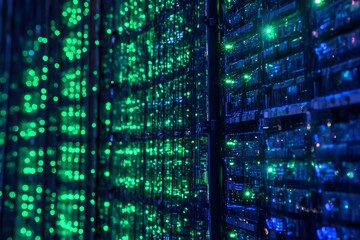Poster - A close-up of many computer servers with green and blue lights in the background